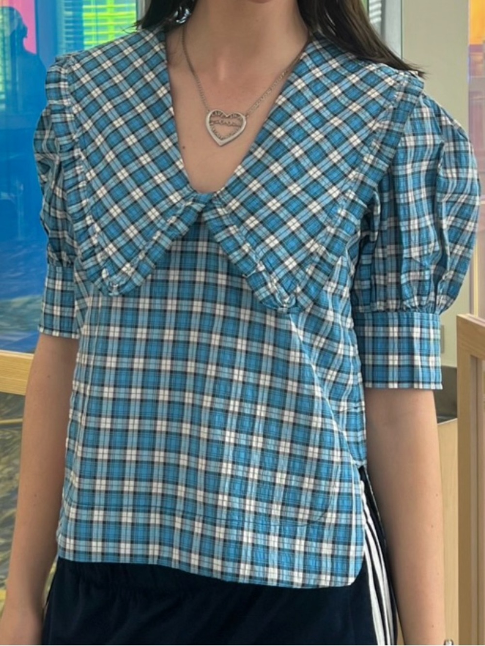 Ganni Blue Plaid Puff-Sleeve V-Neck Top